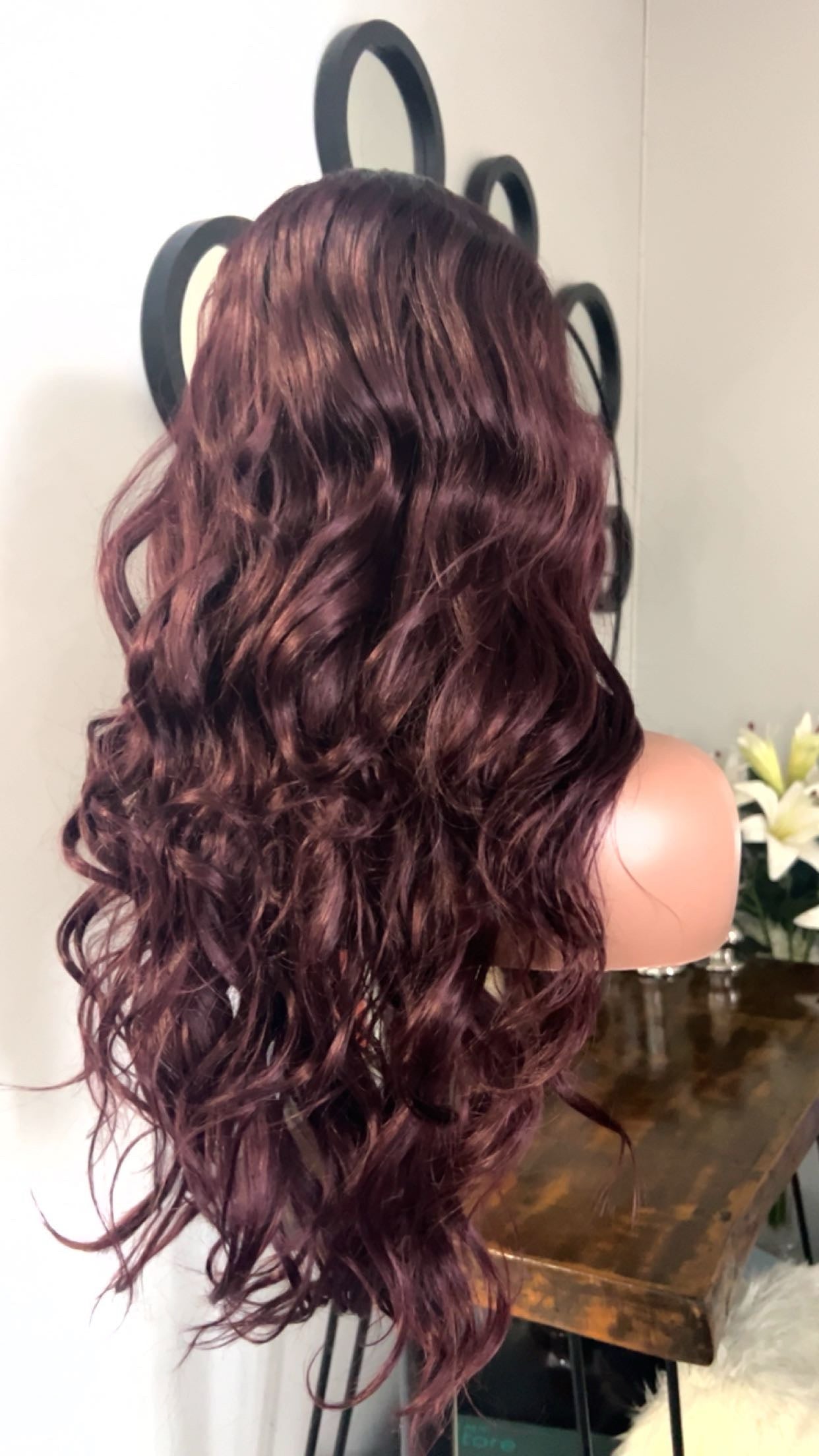 Blend hair ondulée de 24 pouces lace 13x4 couleur deux tons rouge bordeaux