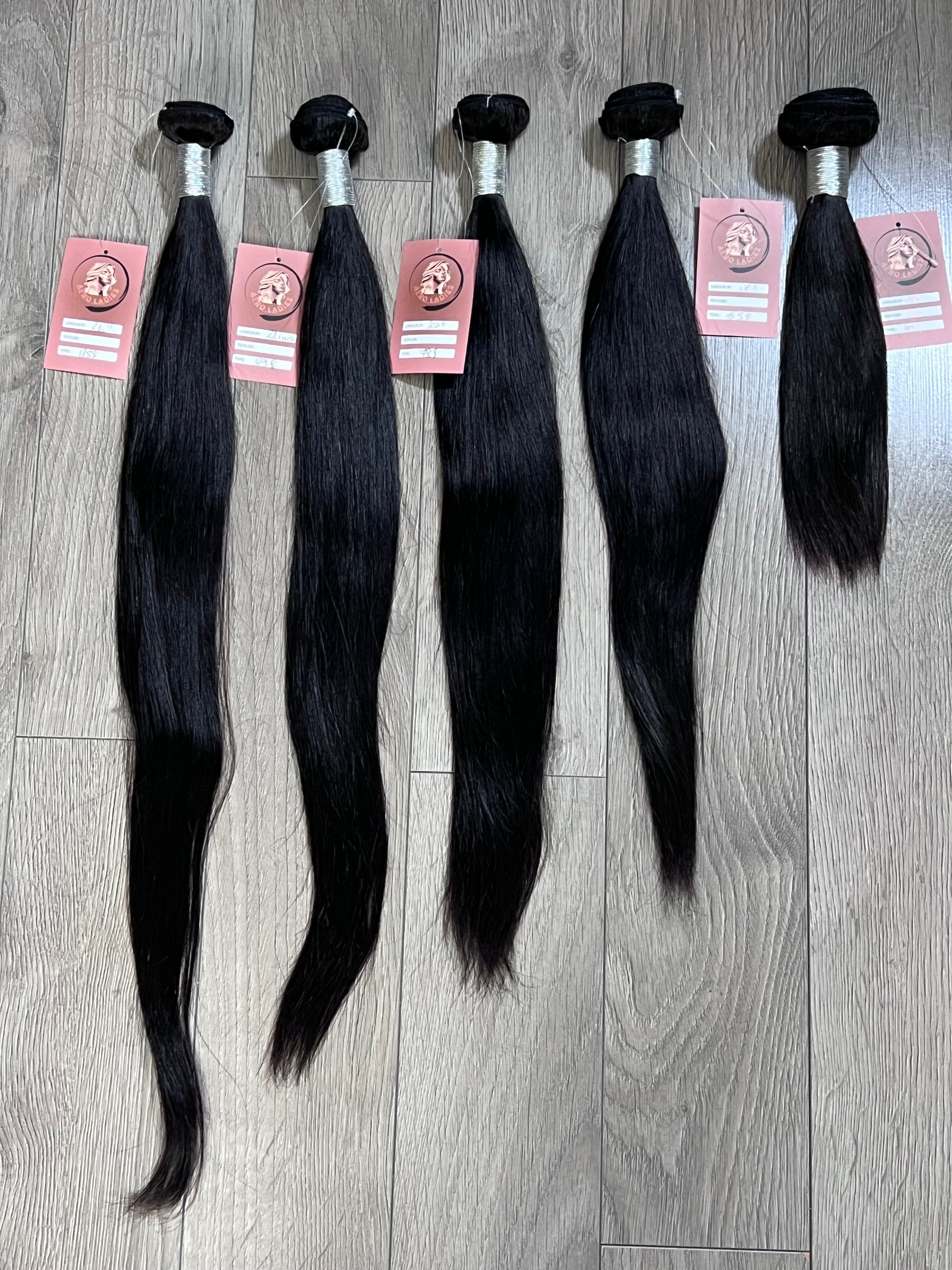 Bundles de cheveux raw Straight 100% human hair, non traités, doux & soyeux, tenue longue durée, Sans noeud, Sans chute