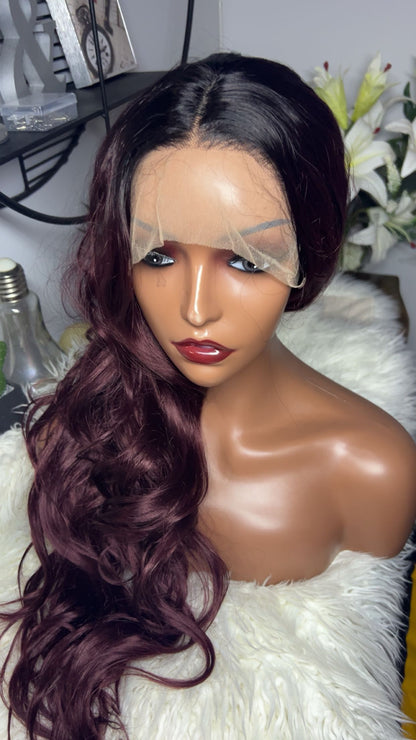 Blend hair ondulée de 24 pouces lace 13x4 couleur deux tons rouge bordeaux