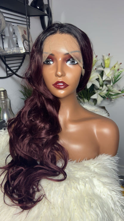 Blend hair ondulée de 24 pouces lace 13x4 couleur deux tons rouge bordeaux