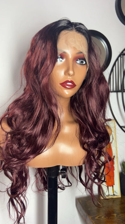 Blend hair ondulée de 24 pouces lace 13x4 couleur deux tons rouge bordeaux