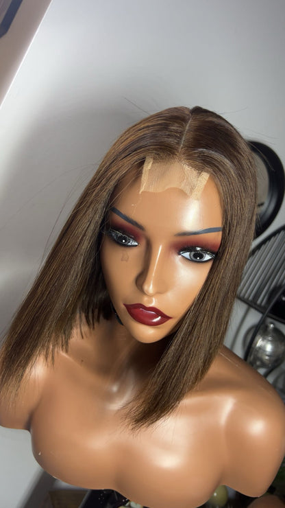 Perruque bob vietnamienne de 8 pouces SDD Bone straight; densité 300% couleurs brune closure 2x6