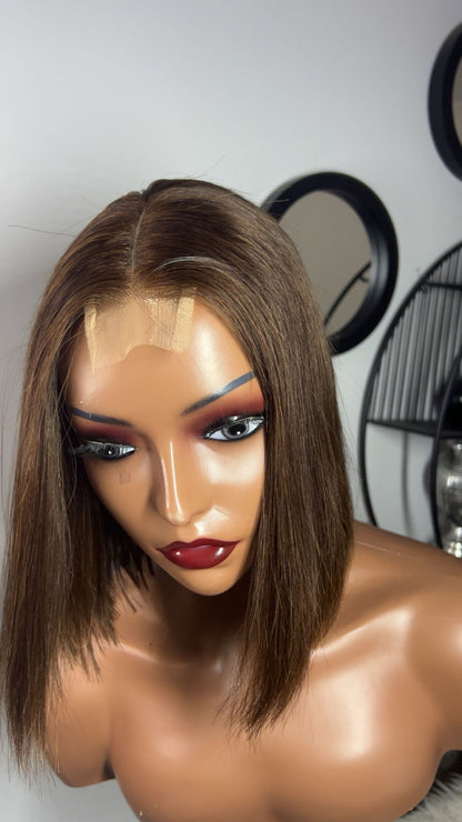 Perruque bob vietnamienne de 8 pouces SDD Bone straight; densité 300% couleurs brune closure 2x6