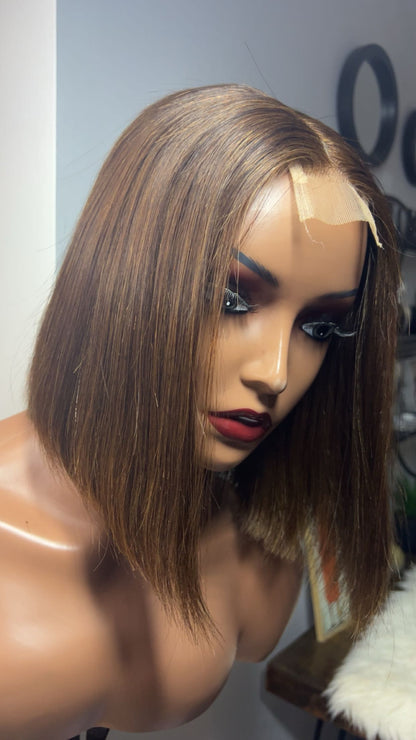 Perruque bob vietnamienne de 8 pouces SDD Bone straight; densité 300% couleurs brune closure 2x6