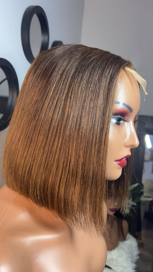 Perruque bob vietnamienne de 8 pouces SDD Bone straight; densité 300% couleurs brune closure 2x6