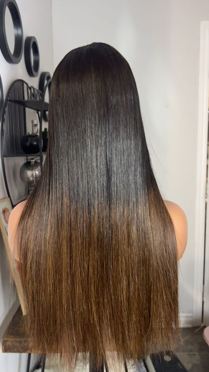 Perruque vietnamienne de 22 pouces SDD Bone straight; densité 300% couleur 1B-4 closure 5X5 transparent