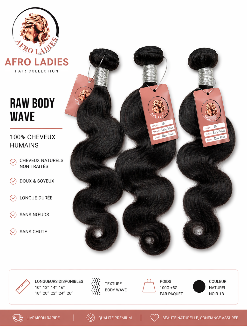 Bundles de cheveux raw Body wave 100% human hair, non traités, doux & soyeux, tenue longue durée, Sans noeud, Sans chute
